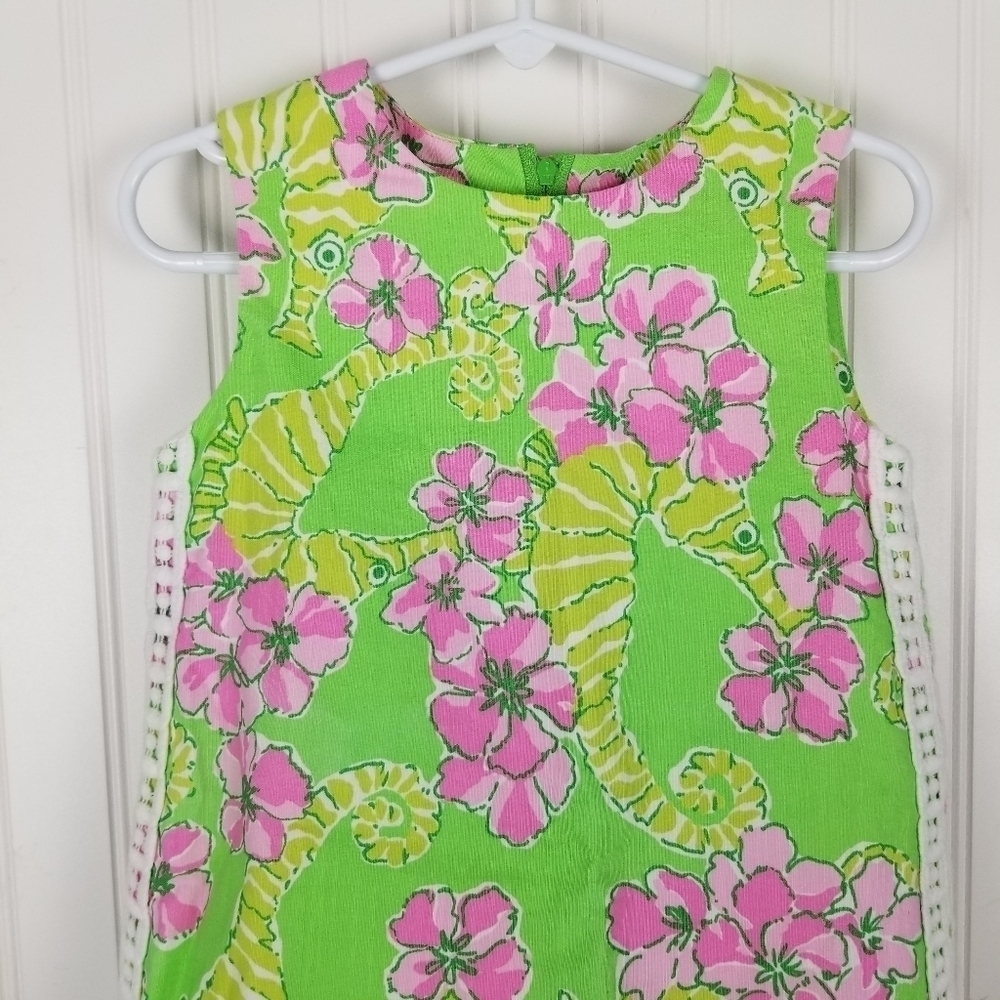 Lilly Pulitzer Limeade Floaters Seahorse Dress Girls Size 3 Tropical Pink Green - Picture 2 of 11